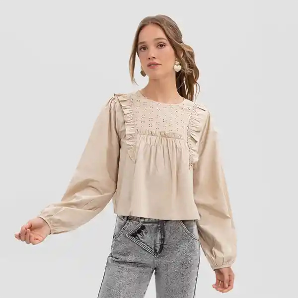 Blusa Manga Larga Volantes Beige M