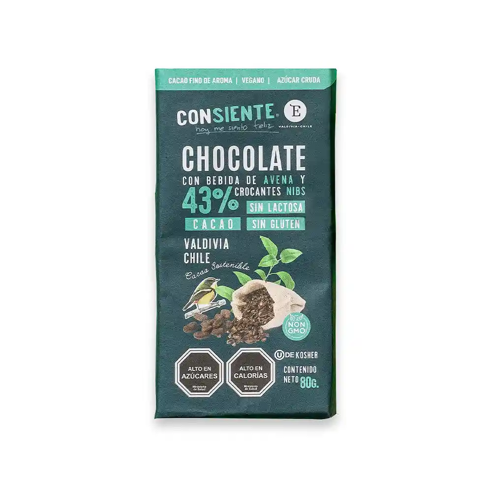 Tableta Chocolate 43% Cacao Con Beb. Avena Y Nibs 80 Gr.