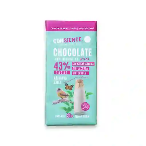 Tableta De Chocolate 43% Cacao Con Beb. De Avena, Sin Azúcar 80 Gr.