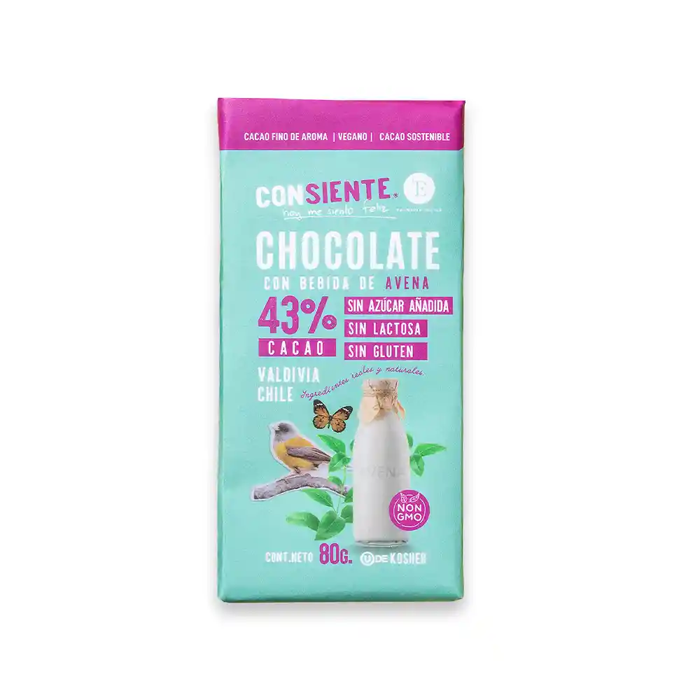 Tableta De Chocolate 43% Cacao Con Beb. De Avena, Sin Azúcar 80 Gr.