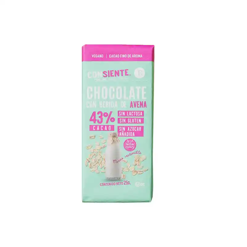 Tableta De Chocolate 43% Cacao Con Beb. De Avena, Sin Azúcar 25 Gr.