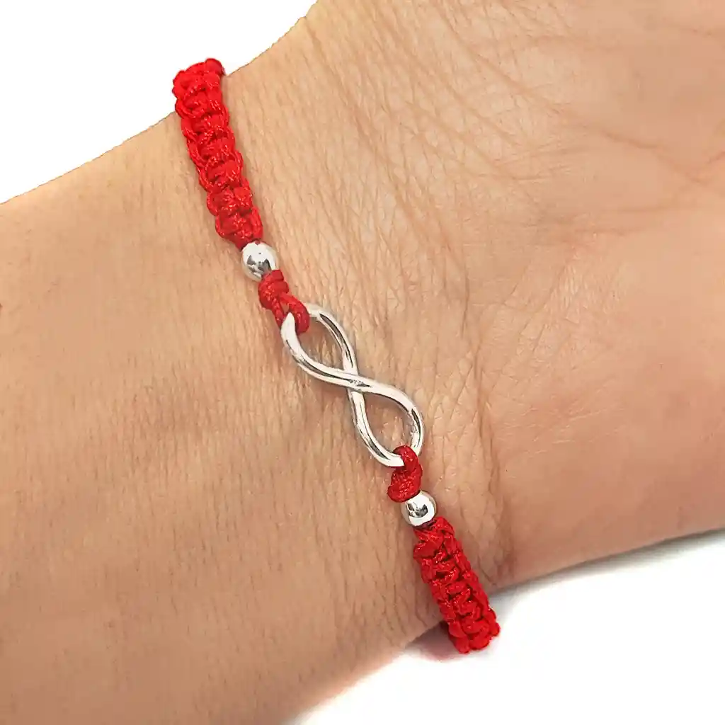 Pulsera Infinito Tubo Plata Fina 925 Cordón Rojo