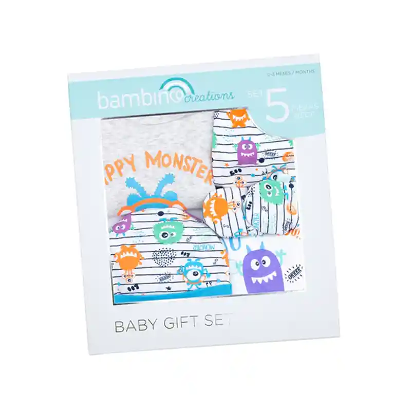 Ajuar Pack Bambino Body Panties Gorro Mitón Bebé 0-3 Meses Monstruos