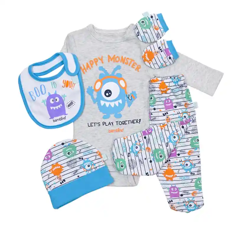 Ajuar Pack Bambino Body Panties Gorro Mitón Bebé 0-3 Meses Monstruos