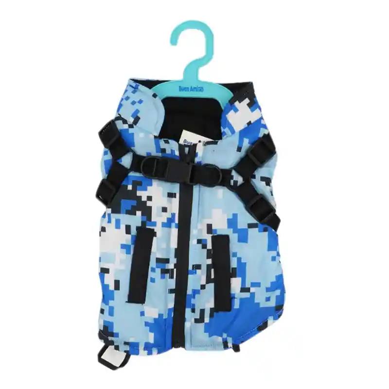 Ropa Parka Con Arnes Tallas M Polar Interior Chaqueta Mascotas Perro (camuflado Celeste)