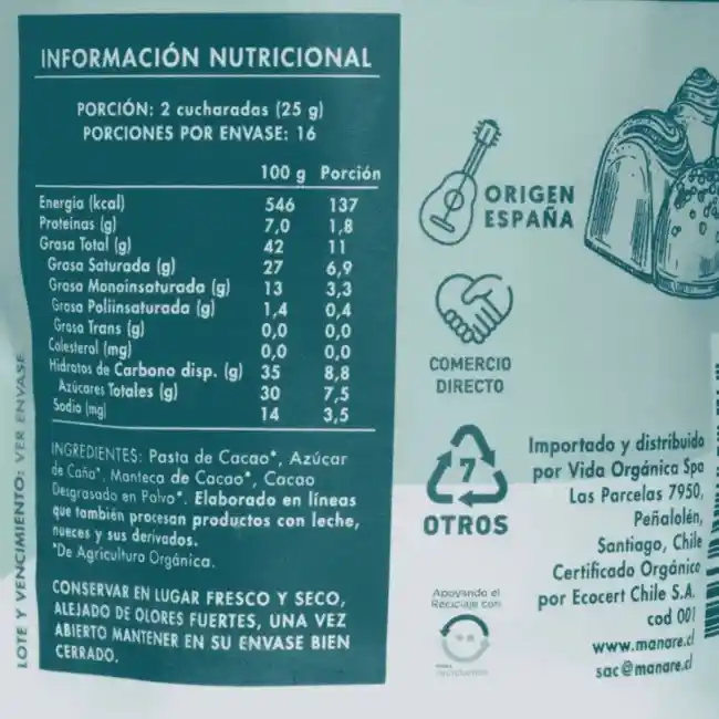 Manare - Cobertura 70% Cacao Orgánico 400g