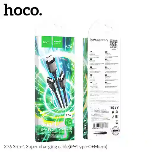 Cable Carga X76 Hoco 3 En 1 Iphone-tipoc Y Micro De 1 Metro Con Cable Trenzado