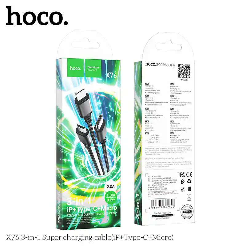 Cable Carga X76 Hoco 3 En 1 Iphone-tipoc Y Micro De 1 Metro Con Cable Trenzado