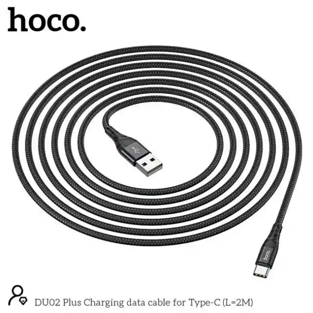 Cable Carga Du02 Plus Hoco Usb- Tipo C De 2 Mts Carga Rapida 3amp Negro, Cable Trenzado