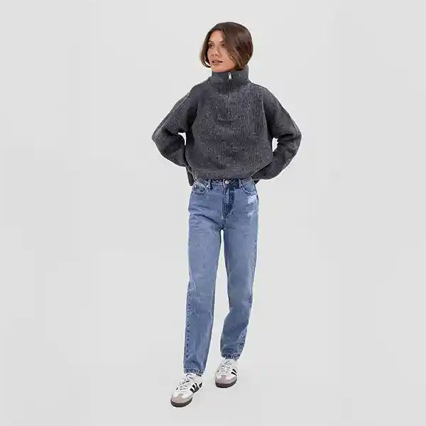 Sweater Cuello Medio Cierre Gris Xs