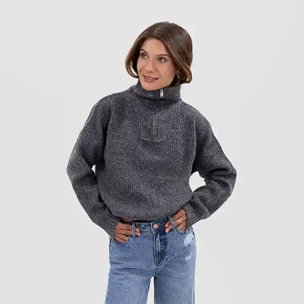 Sweater Cuello Medio Cierre Gris Xs