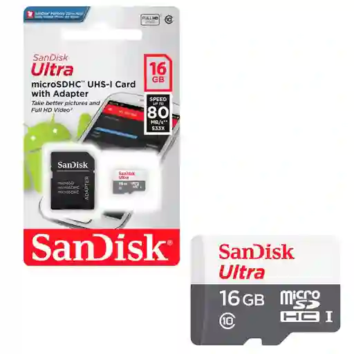 Tarjeta De Memoria Microsd Sandisk 16gb + Adaptador 80mb/s 4.6 (16) Calificar