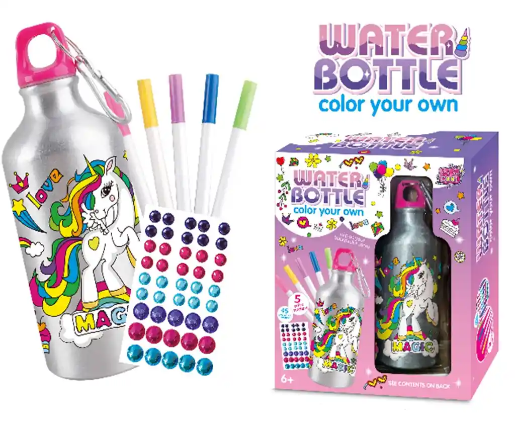 Botella De Agua Unicornio Con Gemas Y Stickers Para Decorar