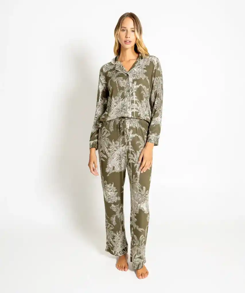 Pijama Mujer Largo Palmeras S Verde Musgo