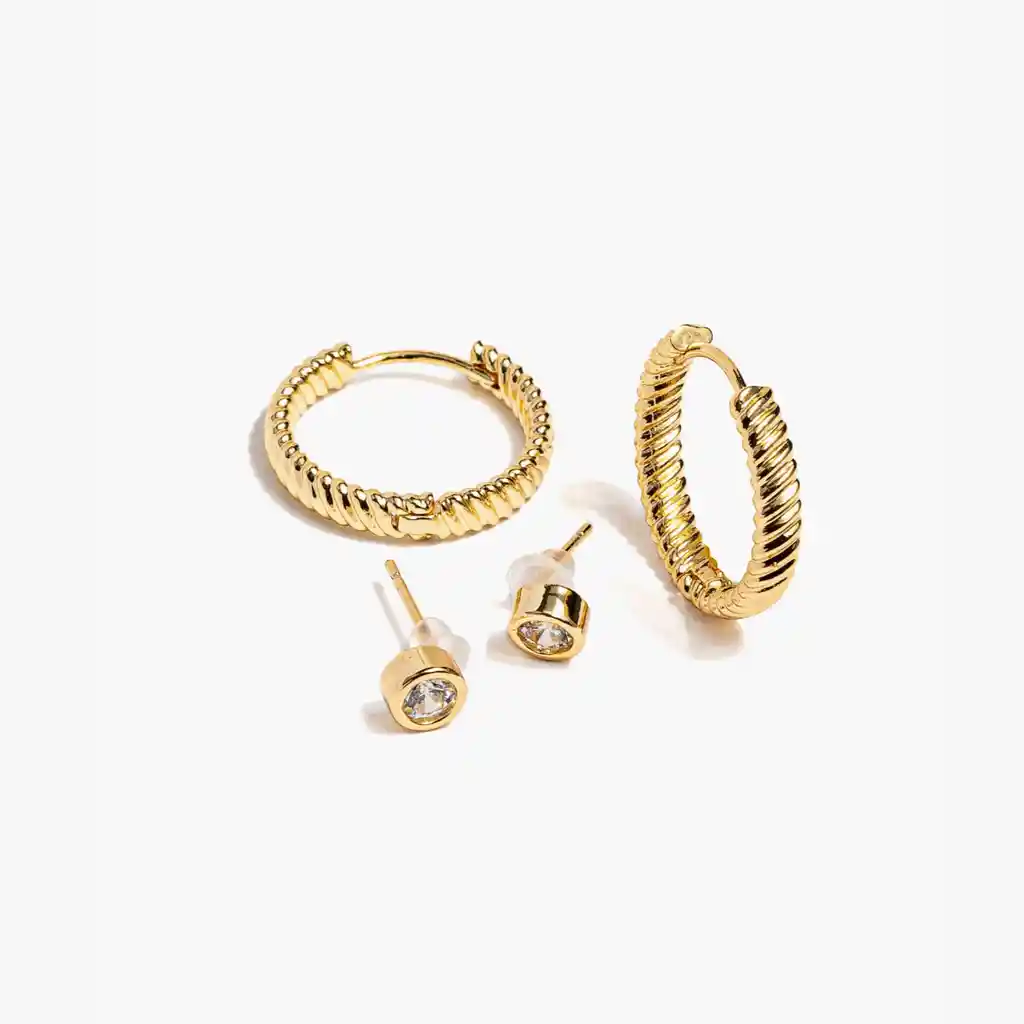 Set Aros Mujer Argollas Y Puntos De Luz Dorado