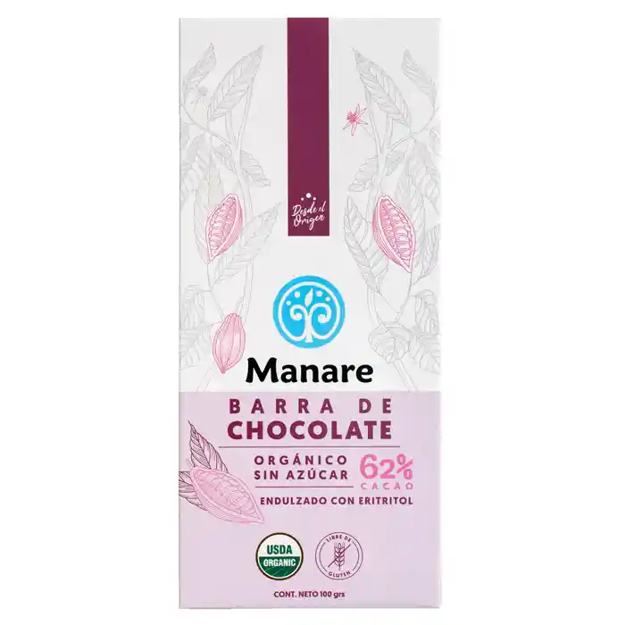 Barra Chocolate 62% Cacao Sin Azúcar 100gr