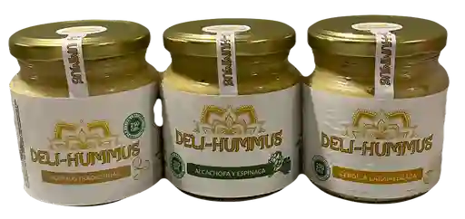 Hummus Tradicional 250 Grs., Hummus Con Alcachofa Y Espinaca 250 Grs., Hummus Con Cebolla Caramelizada 250 Grs.