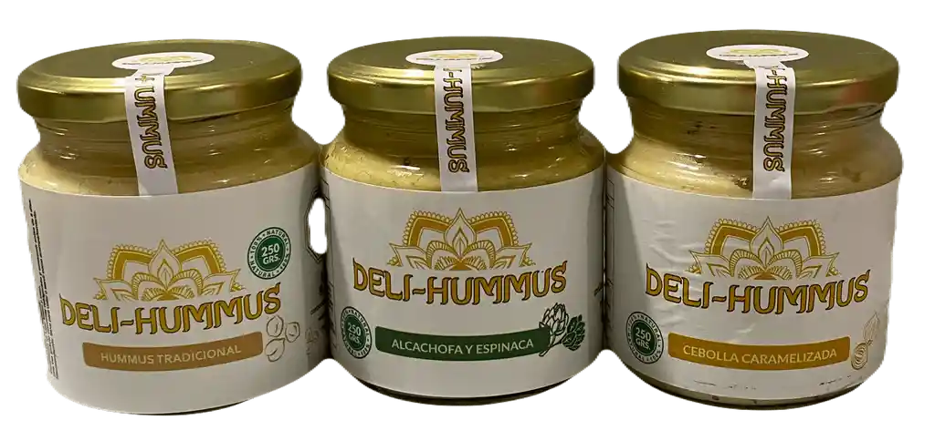 Hummus Tradicional 250 Grs., Hummus Con Alcachofa Y Espinaca 250 Grs., Hummus Con Cebolla Caramelizada 250 Grs.