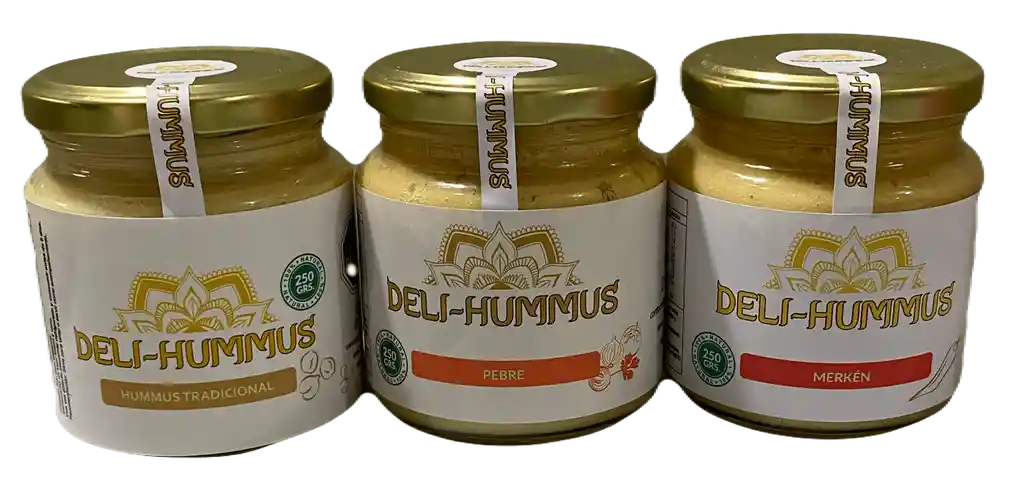 Hummus Tradicional 250 Grs., Hummus Con Pebre 250 Grs., Hummus Con Merkén 250 Grs.