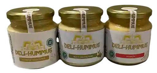 Hummus Tradicional 250 Grs., Hummus Con Aceitunas Negras 250 Grs., Hummus Con Merkén 250 Grs.