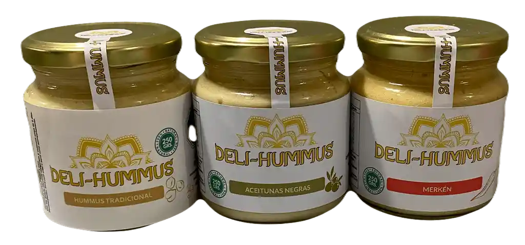 Hummus Tradicional 250 Grs., Hummus Con Aceitunas Negras 250 Grs., Hummus Con Merkén 250 Grs.