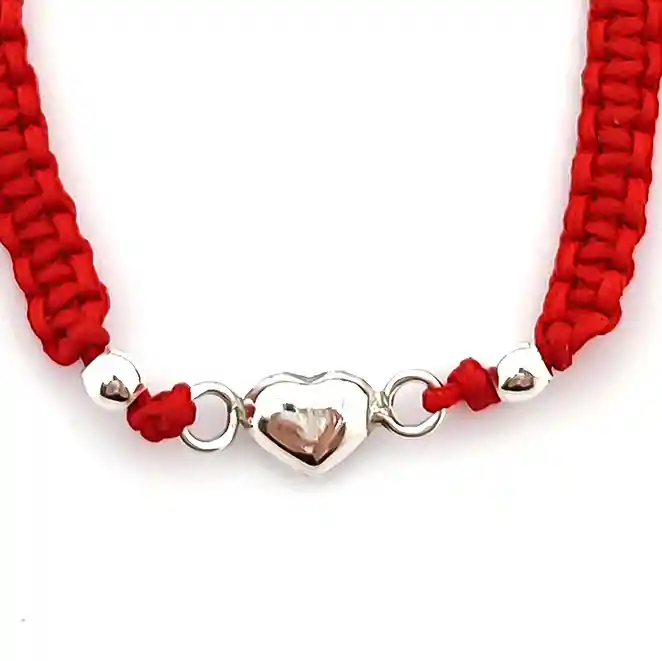 Pulsera Corazón Plata Fina 925 Cordón Rojo