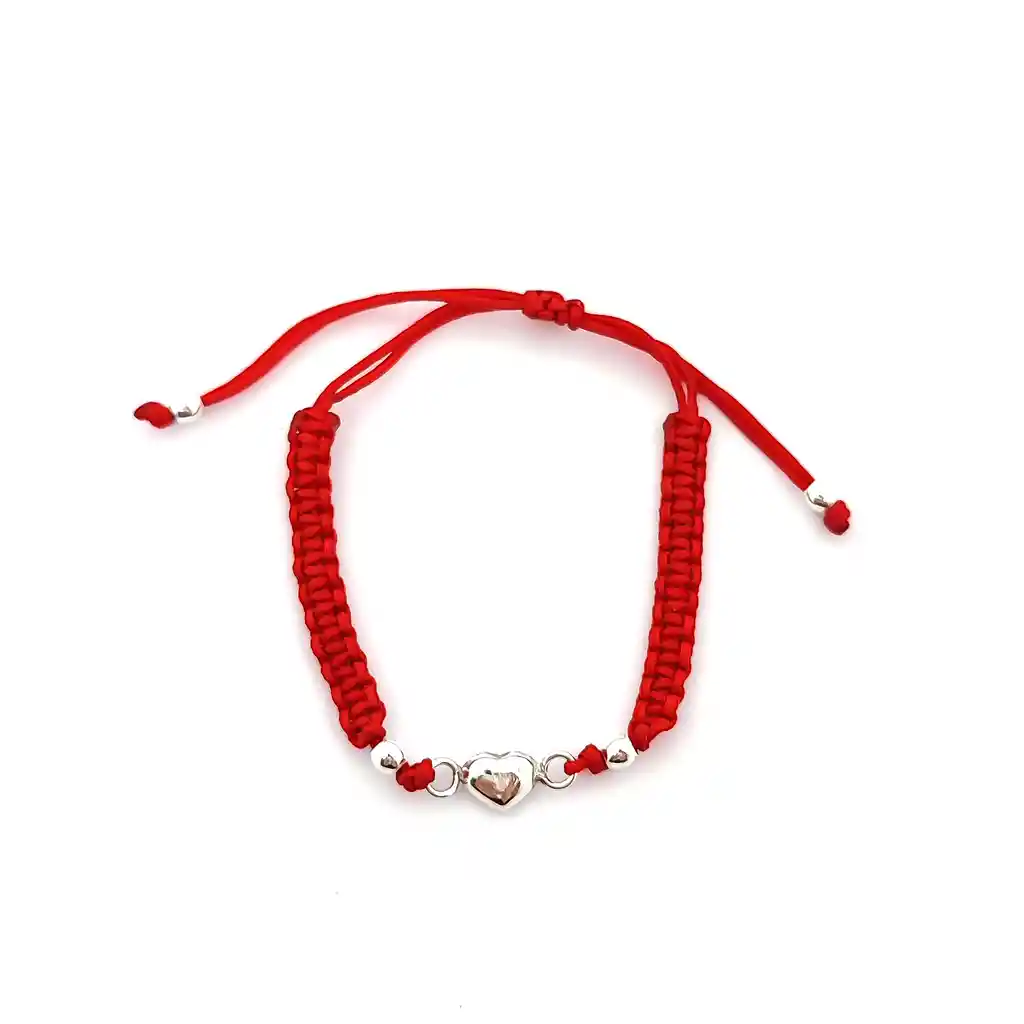 Pulsera Corazón Plata Fina 925 Cordón Rojo