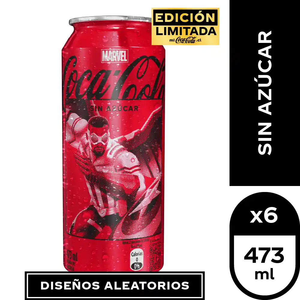 Pack 6 Un. Bebida Coca Cola Marvel Sin Azúcar Lata 473 Cc