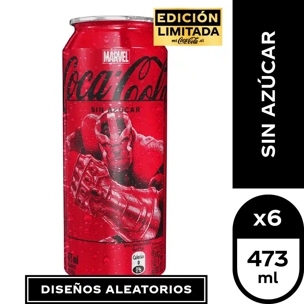 Pack 6 Un. Bebida Coca Cola Marvel Sin Azúcar Lata 473 Cc