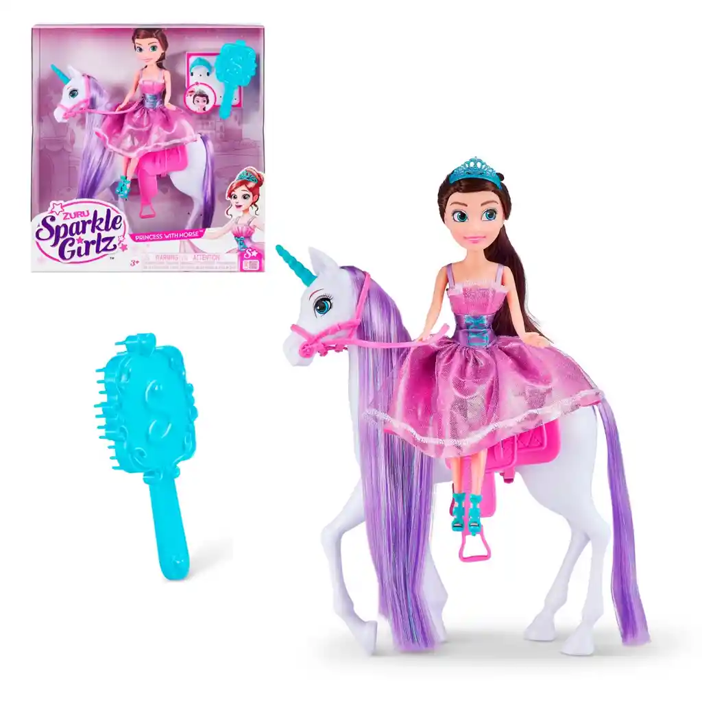 Muñeca Princesa De 27 Cms Con Caballo Unicornio Sparkle Girlz