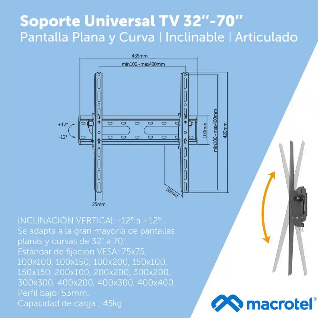 Soporte Led Plano/curvo Inclinable 45kg 32" A 70"