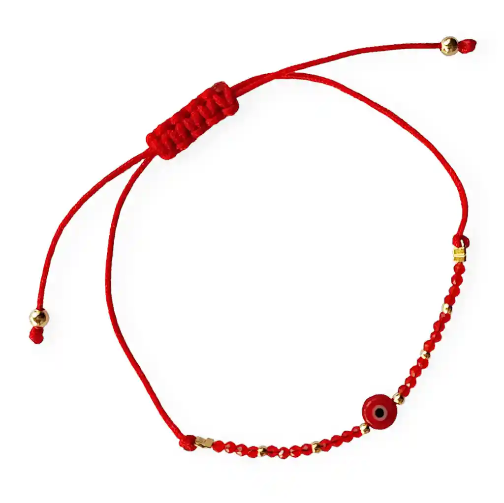 Pulsera Cristales Rojo Ojo Turco Enchapado Oro 18k Cordón Rojo