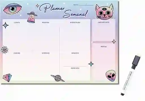 Planner Semanal Imantado Pizarra Galactico + Plumon Con Borrador Imantado