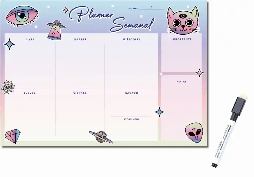 Planner Semanal Imantado Pizarra Galactico + Plumon Con Borrador Imantado