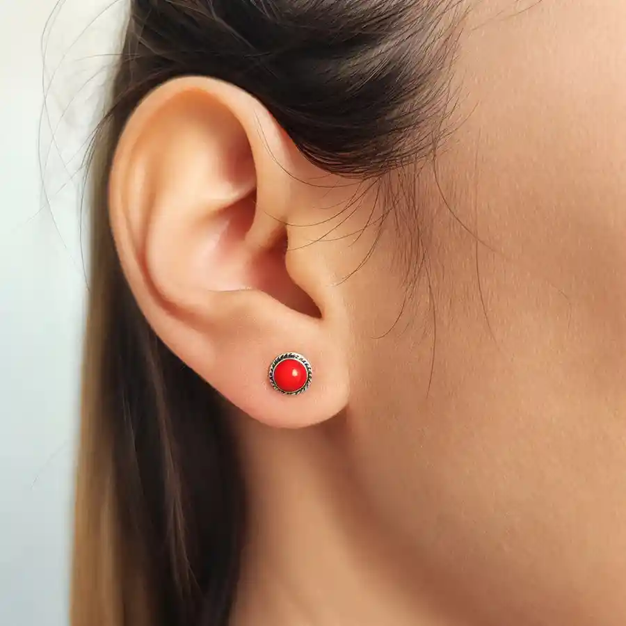 Aros Coral Rojo Redondo Plata Fina 925