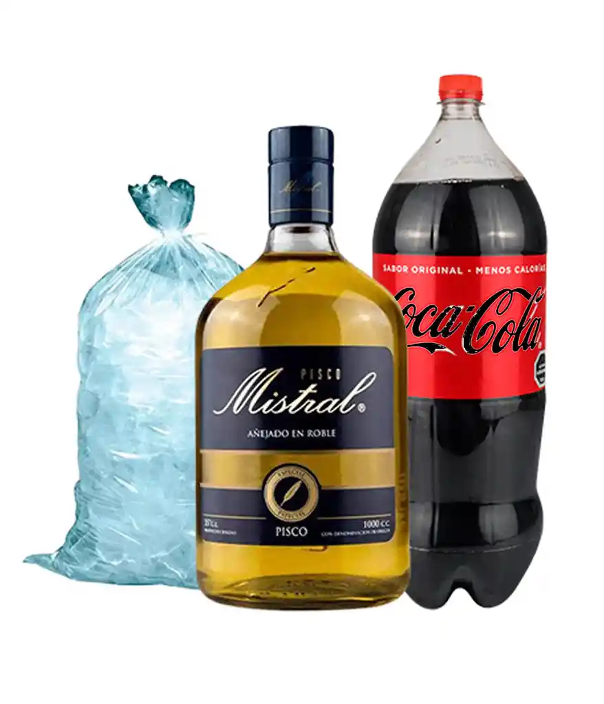 Promo Pisco Mistral 1lt+cocacolazero2.5+hielo1kg