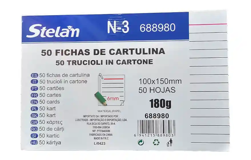 Fichas De Cartulina 180grs 50 Unds Con Lineas De 6mm