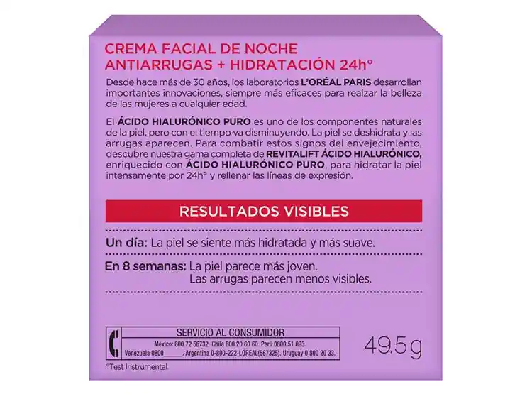 Loréal Crema Revitalift Ácido Hialuronico 50 Noche