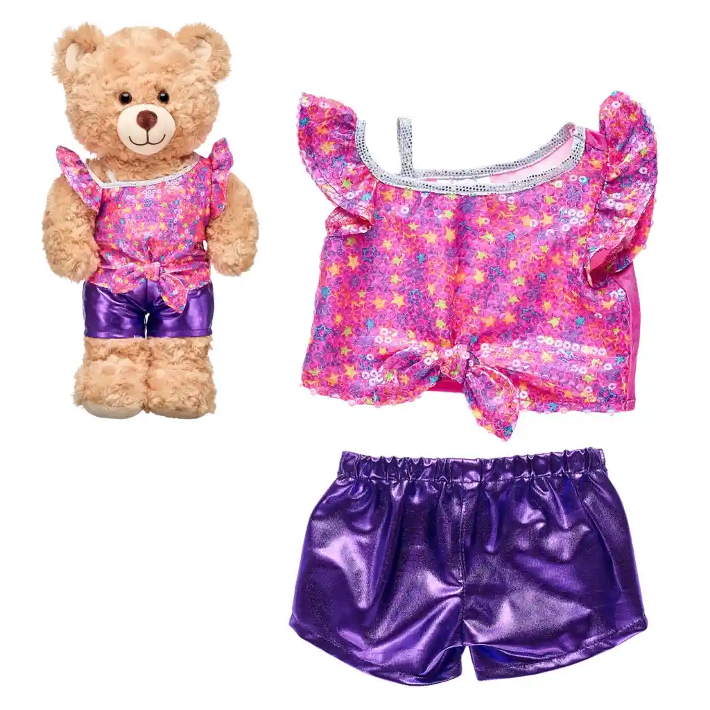 Set Short Morado Metalico Y Polera Neon Honey Girls Build-a-bear