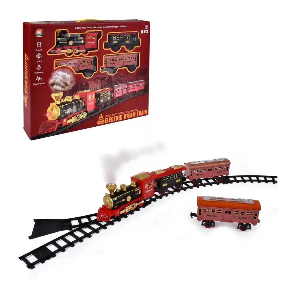 Tren Retro Electrico Con Sonido Y Luces Y 3 Vagones Y 16 Piezas Con Pilas Recargables