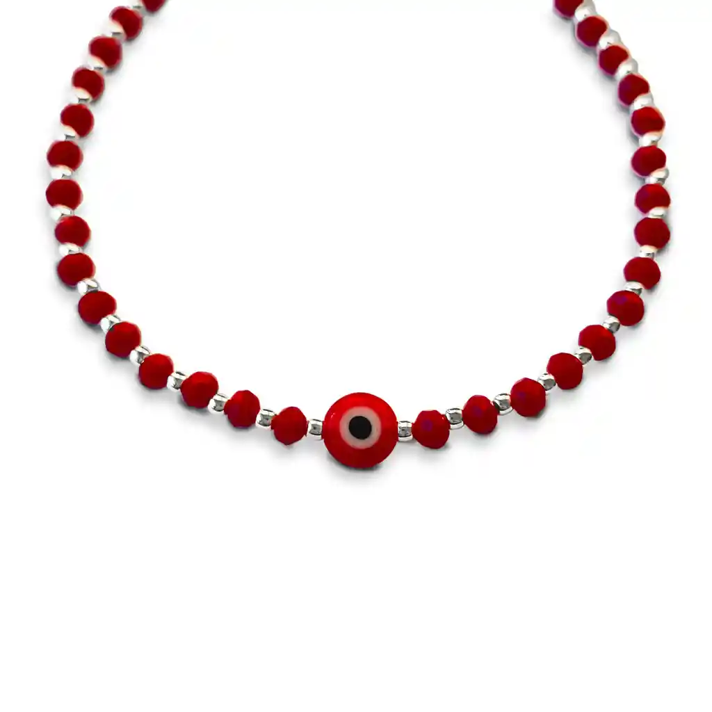 Pulsera Ojo Turco Cristal Rojo Bolitas Plata Fina 925