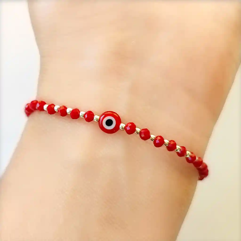 Pulsera Ojo Turco Cristal Rojo Bolitas Plata Fina 925