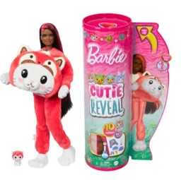 Mattel Barbie Muñeca Cutie Reveal C/10 Sorpresas Gatito Panda Rojo