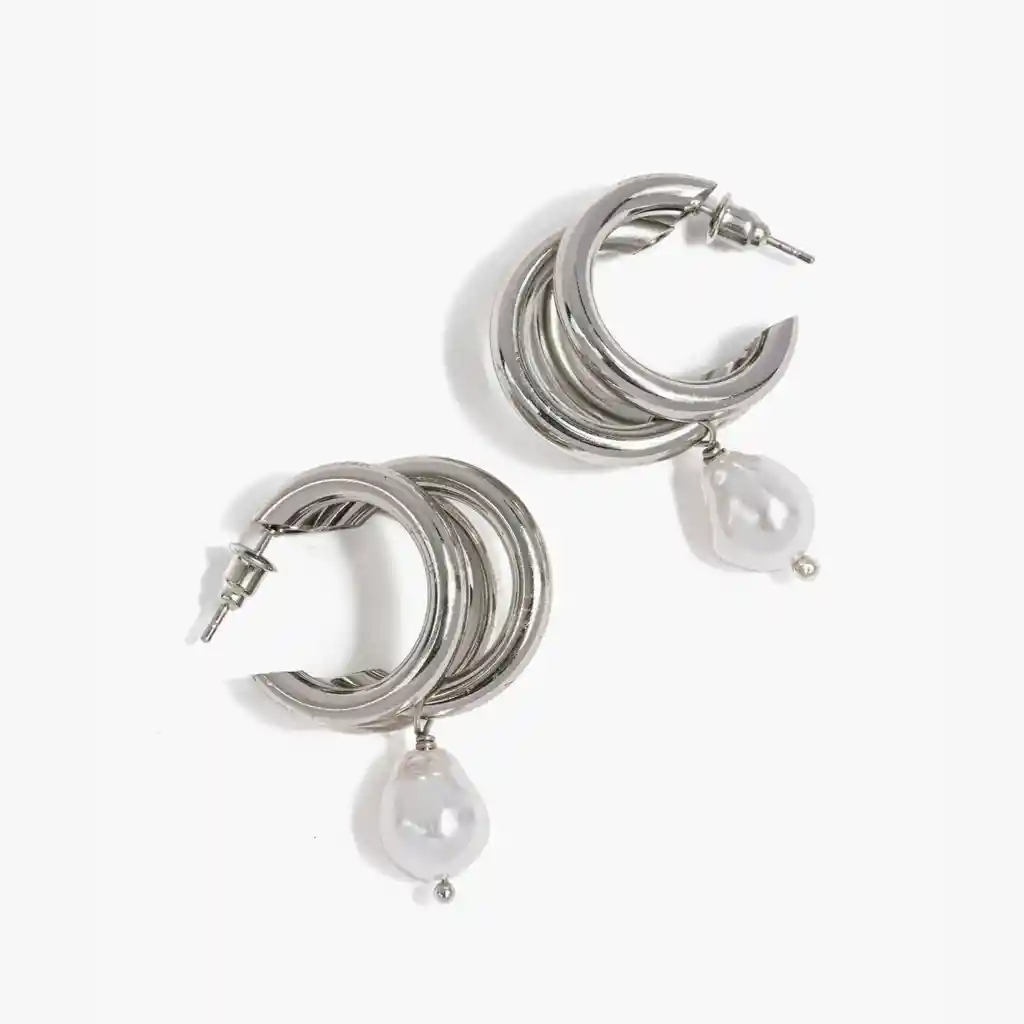 Aros Mujer Argollas Con Perla Plateado