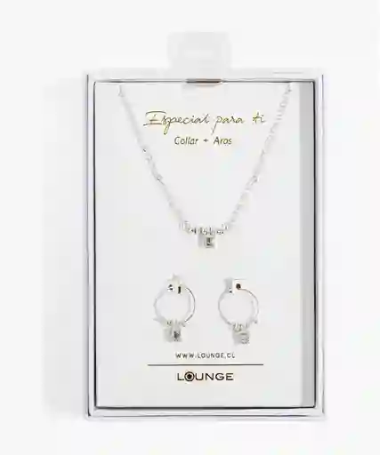 Set Collar Y Aros Mujer Charm Cuadrado Plateado