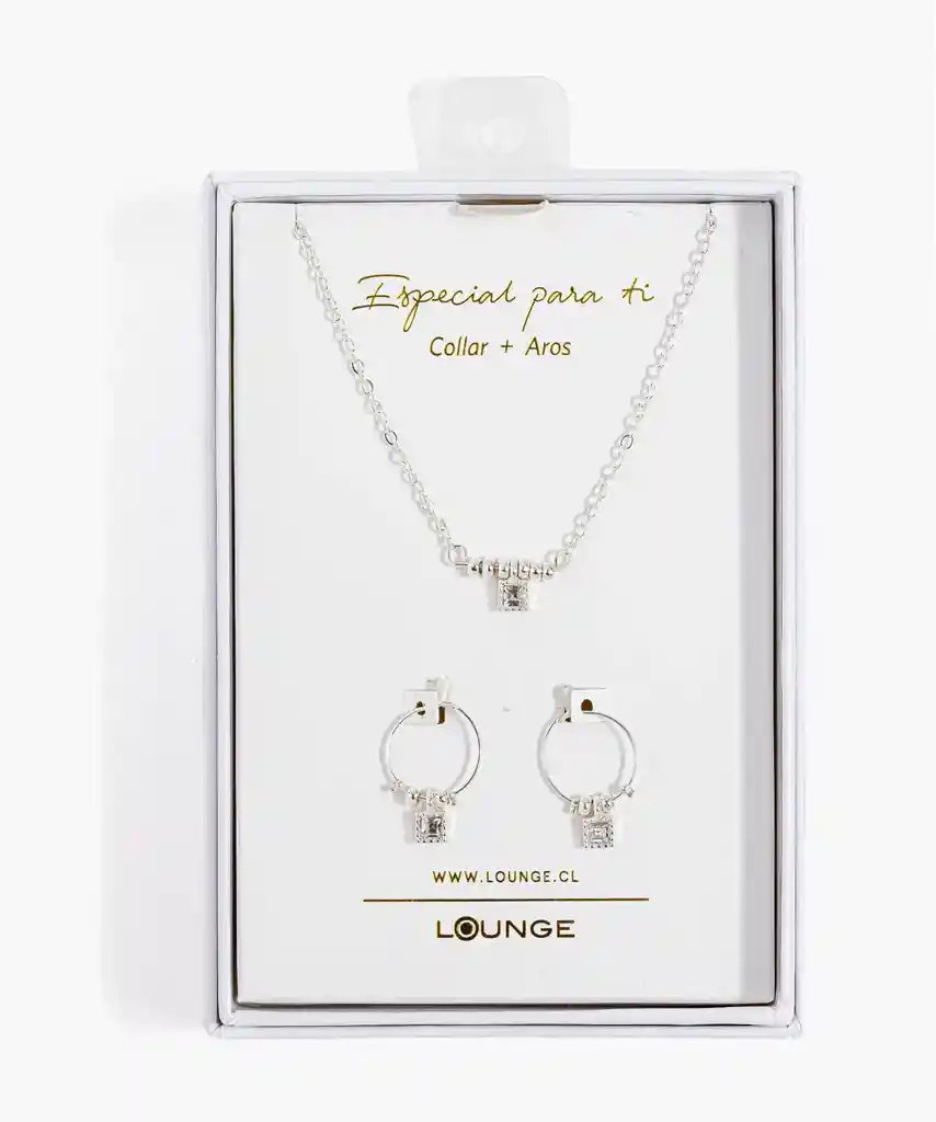 Set Collar Y Aros Mujer Charm Cuadrado Plateado