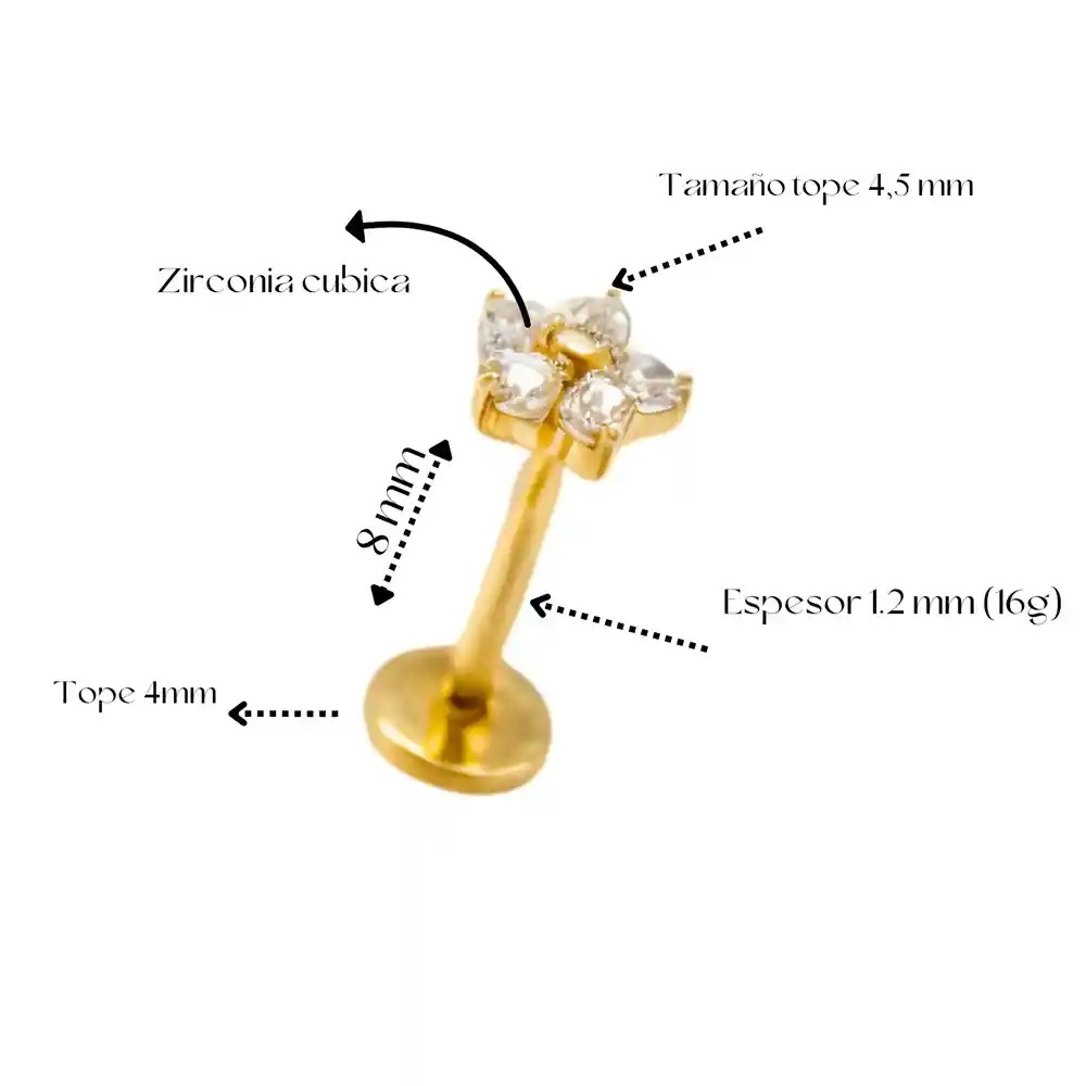 Piercing Labret Punto De Luz Flor Titanio Astm F136 G23 Dorado