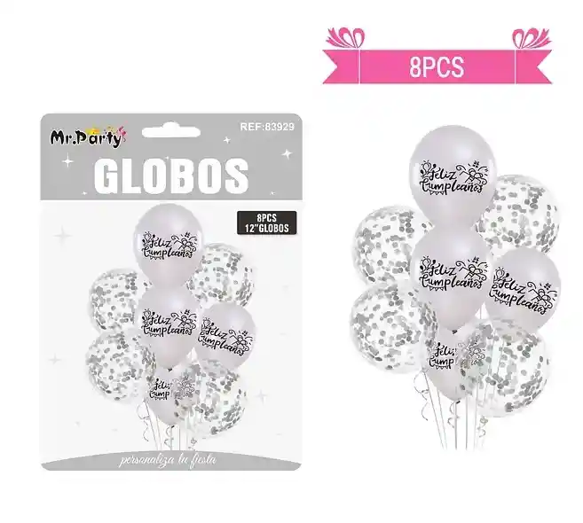 Globos Plateados "feliz Cumpleaños" Confeti