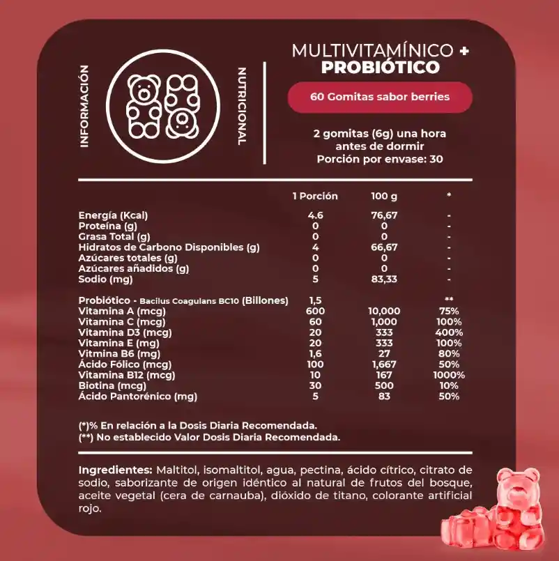 Gomitas Multivitamínico + Probióticos Y Biotina 60 Unidades