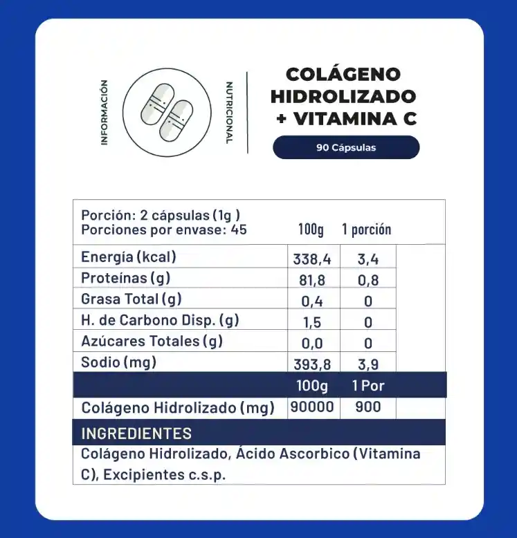 Colágeno Hidrolizado + Vitamina C 90 Capsulas 500 Mg